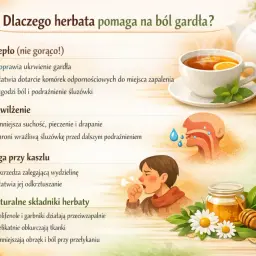 Herbata na ból gardła: ciepło nawilża, łagodzi podrażnienia, pomaga przy kaszlu dzięki naturalnym składnikom.
