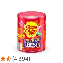 Puszka z napojami Chupa Chups w różnych smakach owocowych, w tym truskawka, pomarańcza, wiśnia, jabłko i cola.