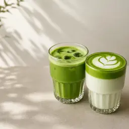 Dwa zielone napoje matcha w szklankach. Jeden z lodem, drugi z pianką i wzorem. Idealne na lato, pokazują, jak parzyć matcha.