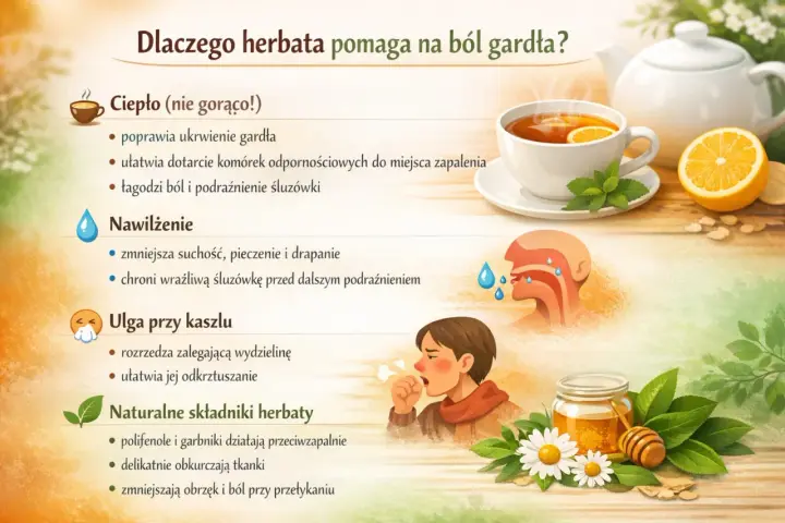 Herbata na ból gardła: ciepło nawilża, łagodzi podrażnienia, pomaga przy kaszlu dzięki naturalnym składnikom.